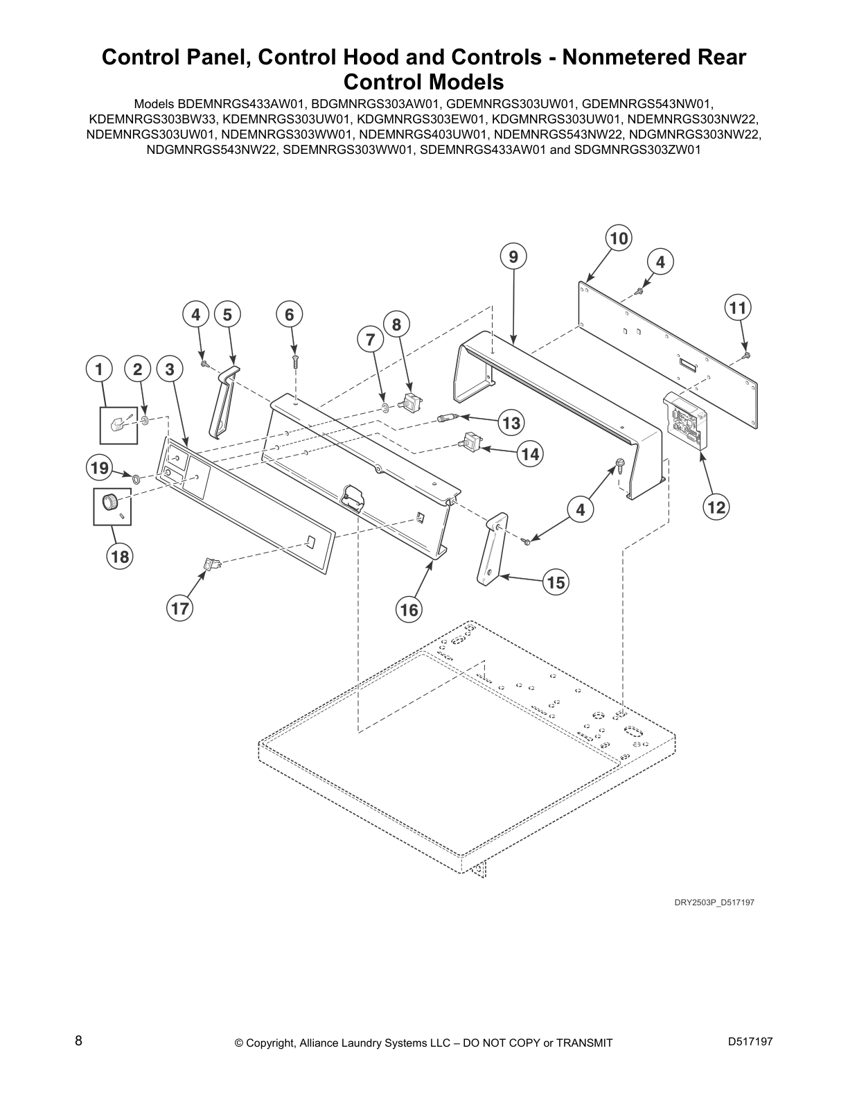 Control Panel, Control Hood and Controls - Nonmetered Rear
Control Models