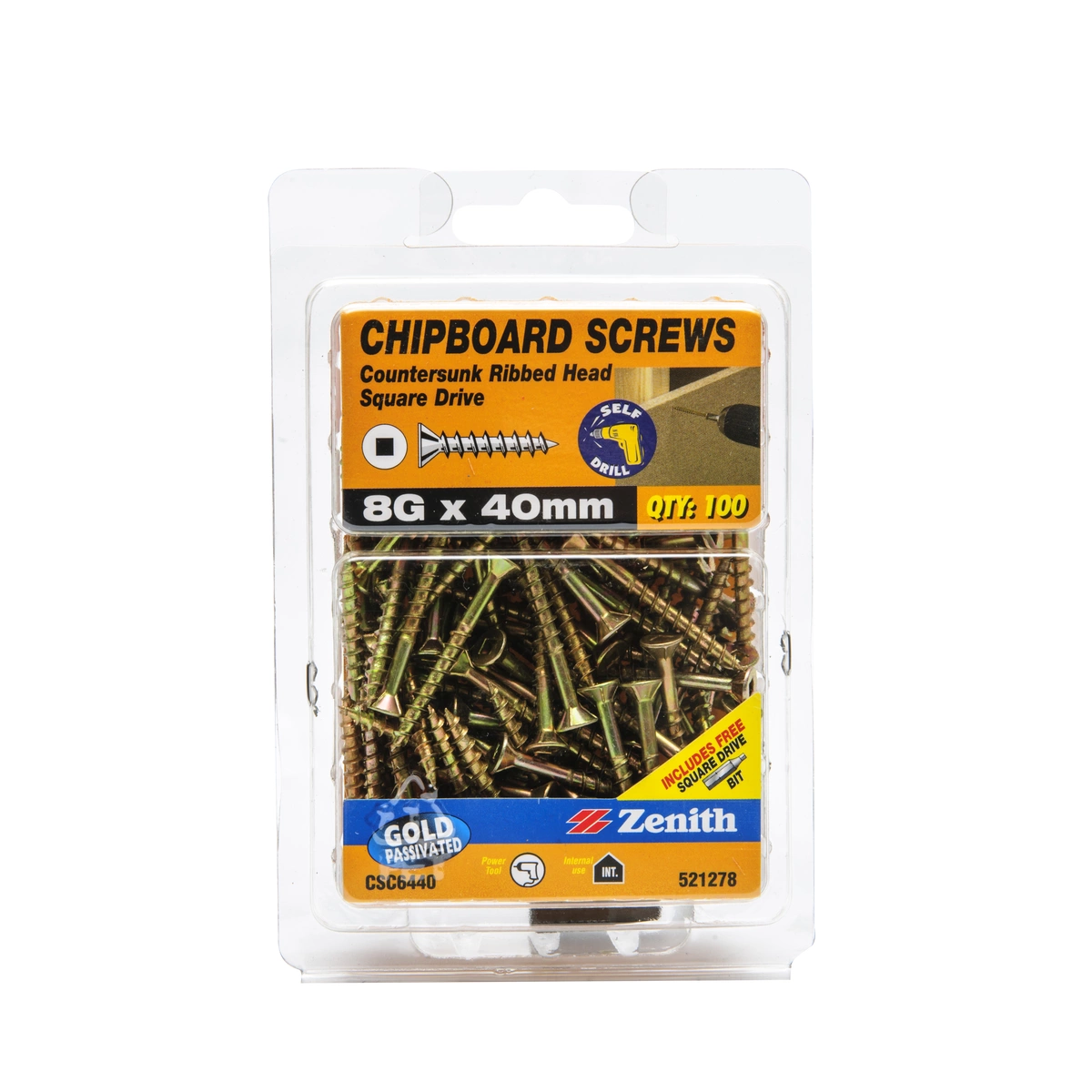 ZENITH® 8G x 40mm Gold Passivated Chipboard Screws (Square Drive) – 100 Pack