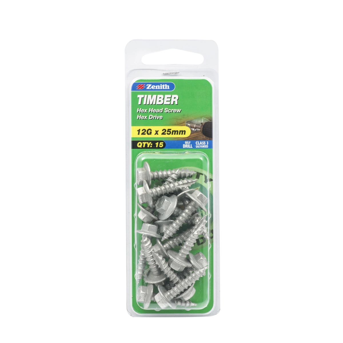 ZENITH® 12G x 25mm Class 3 Galvanised Timber Screws – 15 Pack