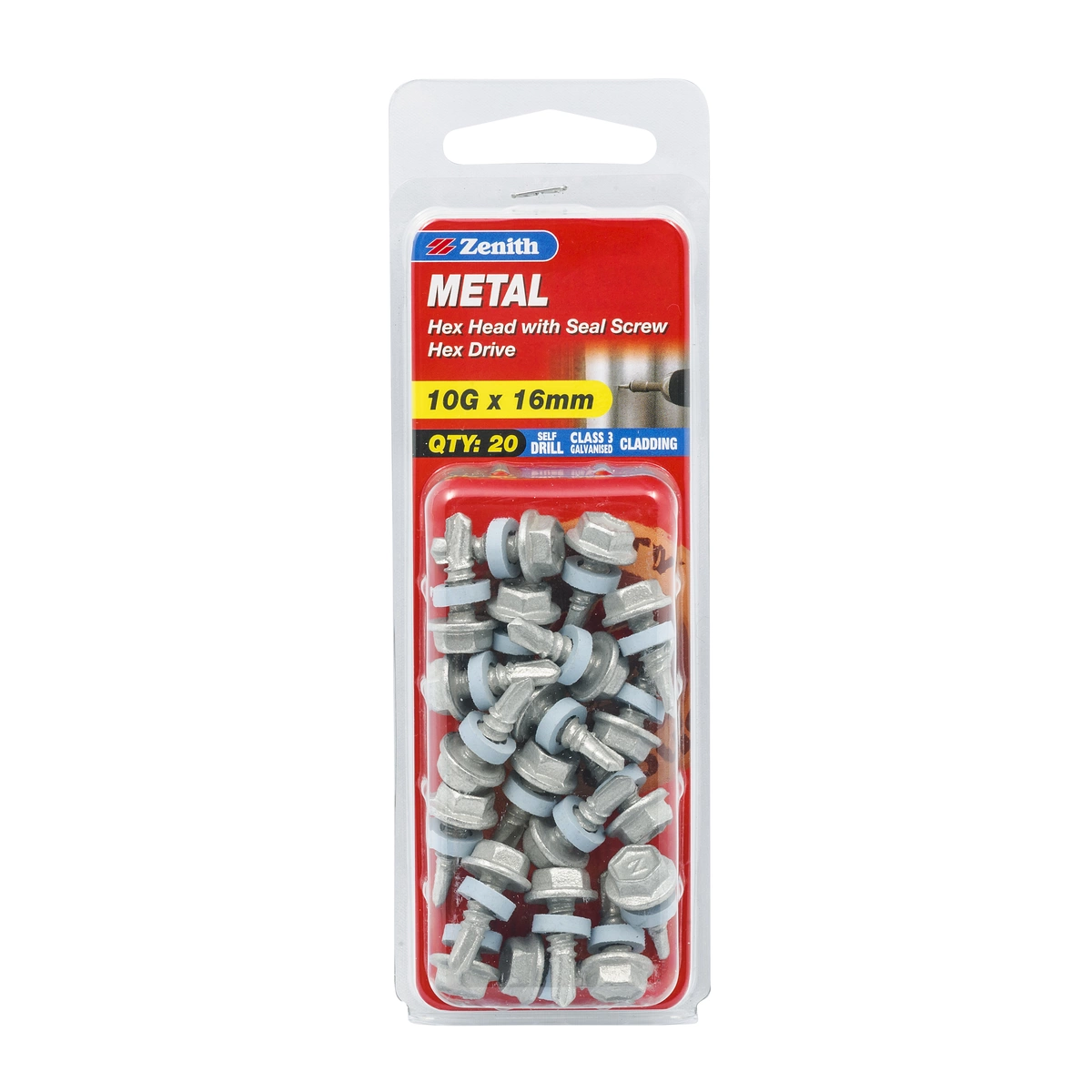 ZENITH® 10G x 16mm Class 3 Galvanised Cladding & Roofing Screws with Seal – 20 Pack