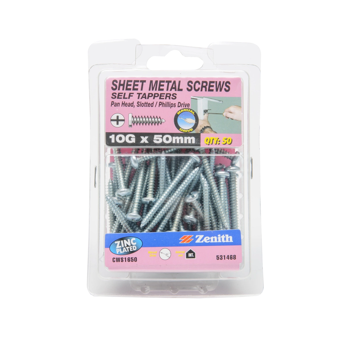 ZENITH® 10G x 50mm Zinc Plated Sheet Metal Screws – 50 Pack