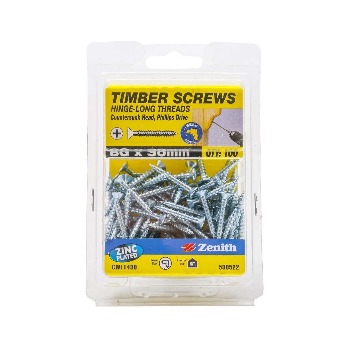 ZENITH® 8G x 30mm Zinc Plated Timber Screws – 100 Pack