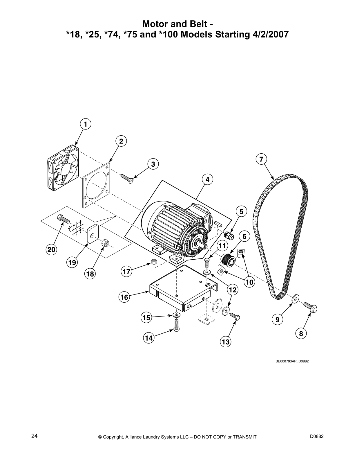 Motor and Belt -
*18, *25, *74, *75 and *100 Models Starting 4/2/2007