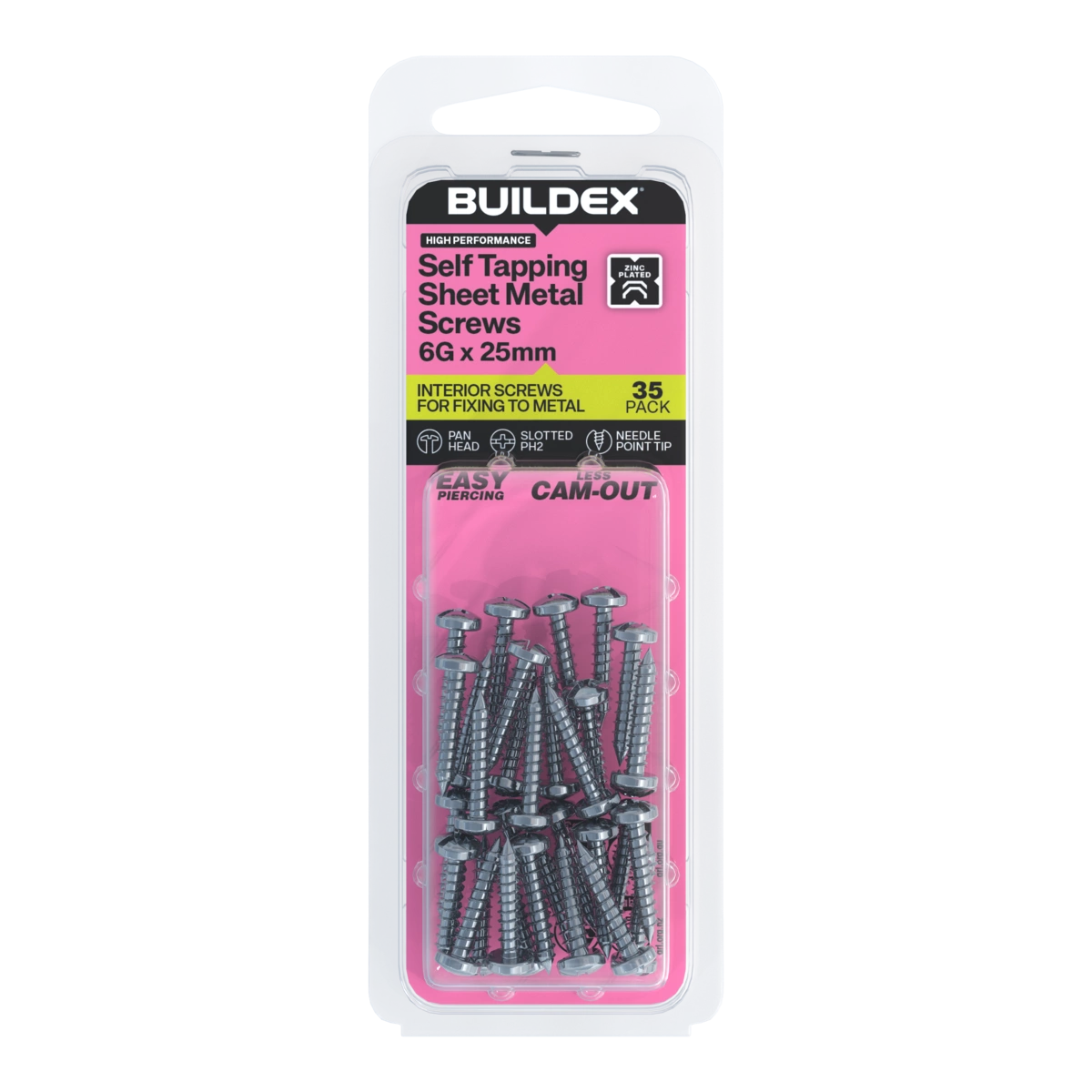 Buildex® 6G x 25mm Zinc Plated Self Tapping Sheet Metal Screws – 35 Pack