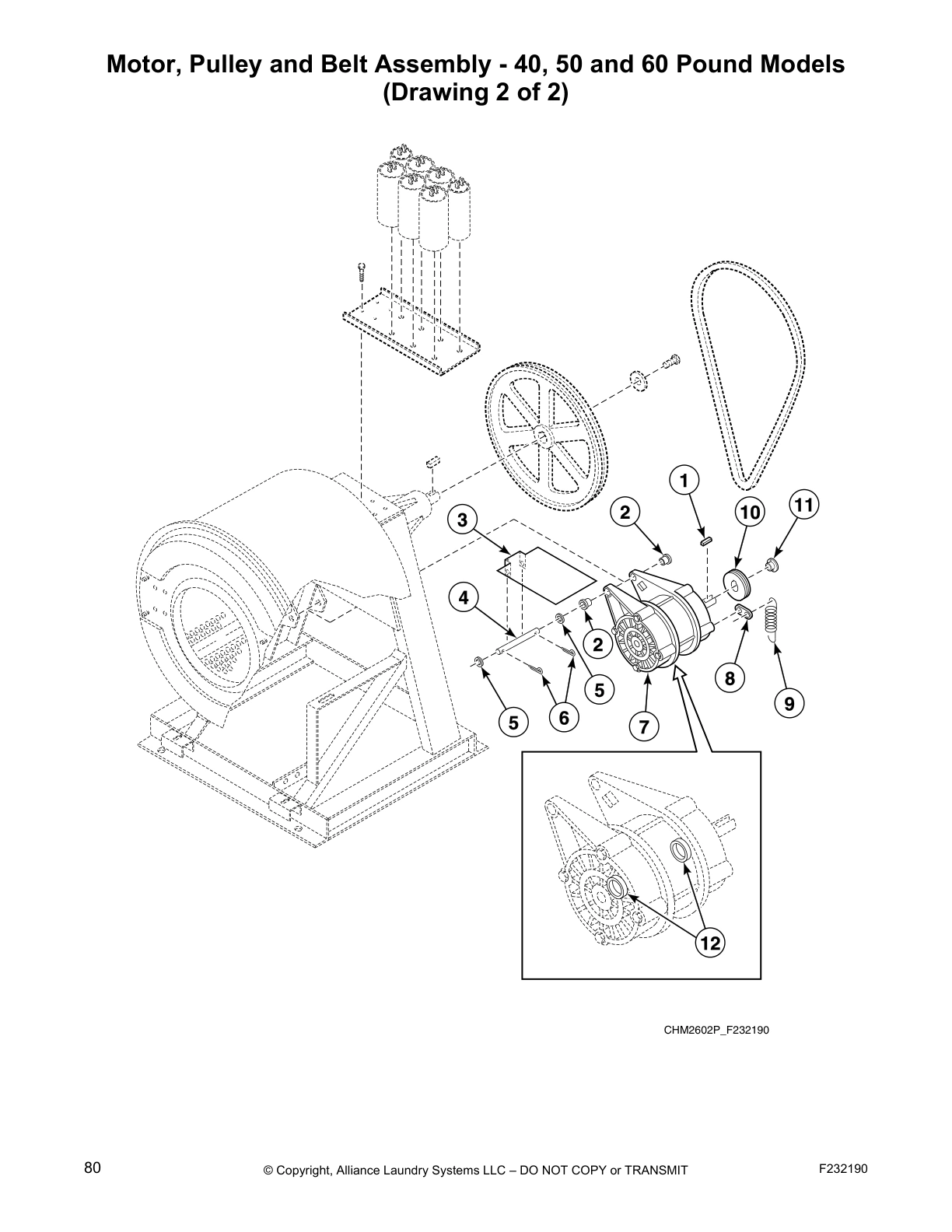 Motor, Pulley and Belt Assembly - 40, 50 and 60 Pound Models
(Drawing 2 of 2)