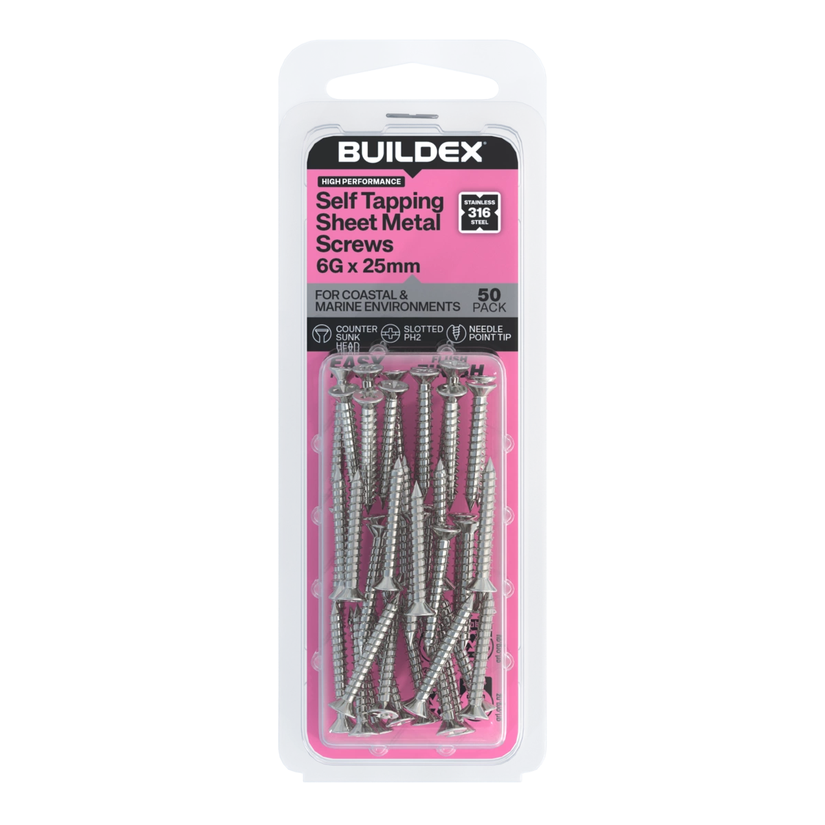 Buildex® 6G x 25mm SS316 Self Tapping Sheet Metal Screws – 50 Pack
