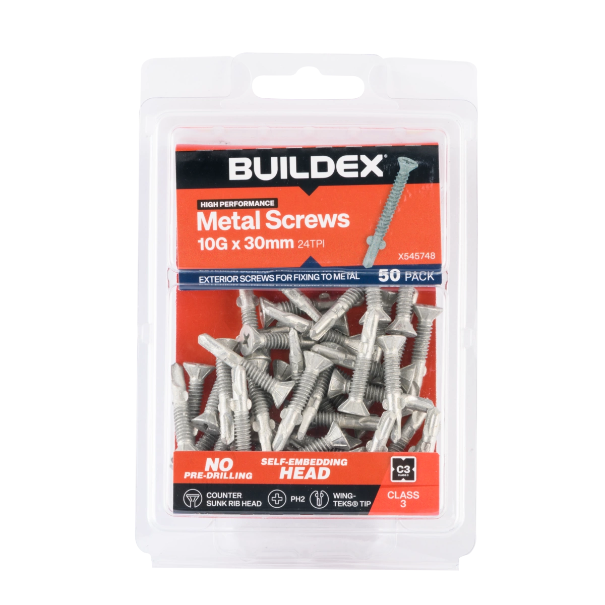 Buildex® 10G x 30mm Class 3 Sheet Metal Screws (Countersunk Rib Head) – 50 Pack