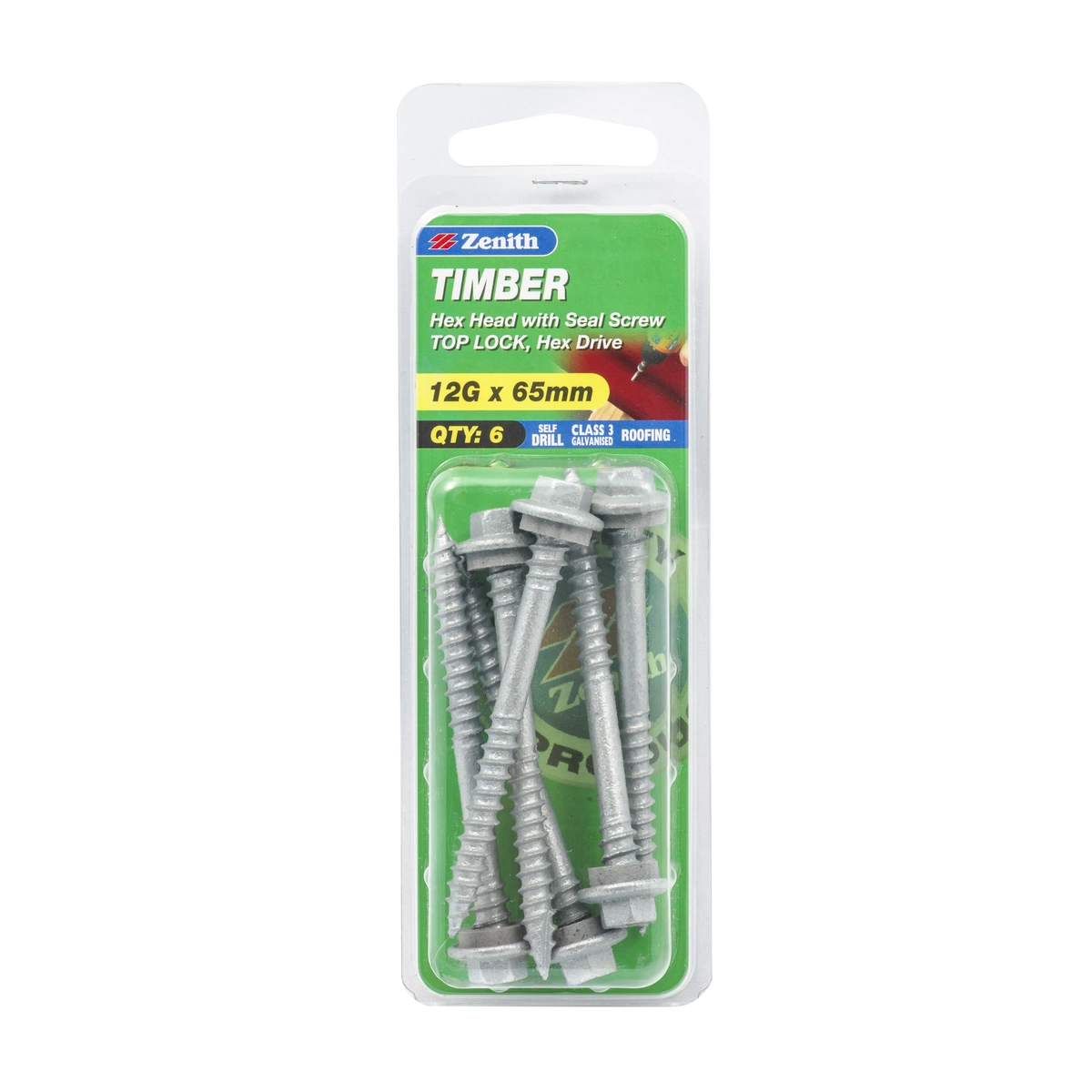 ZENITH® 12G x 65mm Class 3 Galvanised Cladding & Roofing Screws with Seal – 6 Pack