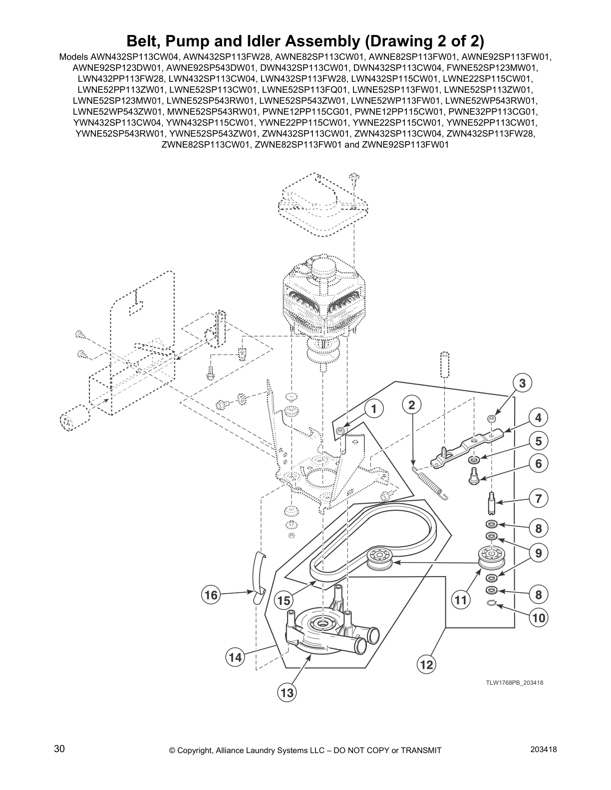 Belt, Pump and Idler Assembly (Drawing 2 of 2)