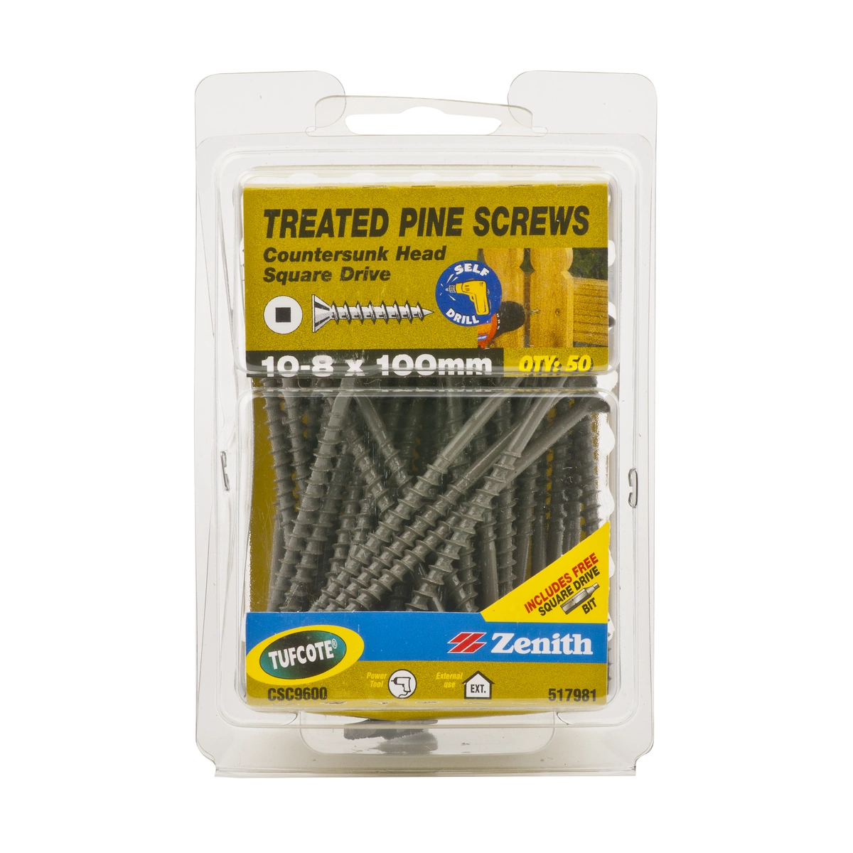 ZENITH® 10G x 100mm TUFCOTE® Treated Pine Screws (Square Drive) – 50 Pack