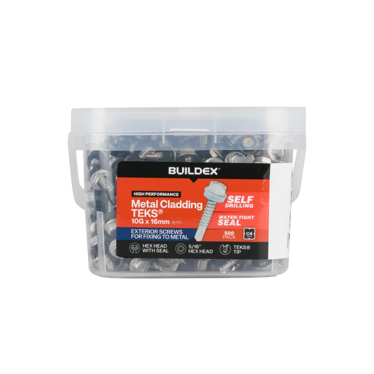 Buildex® 10G x 16mm Class 4 Metal Cladding TEKS® Screws with Seal – 500 Pack