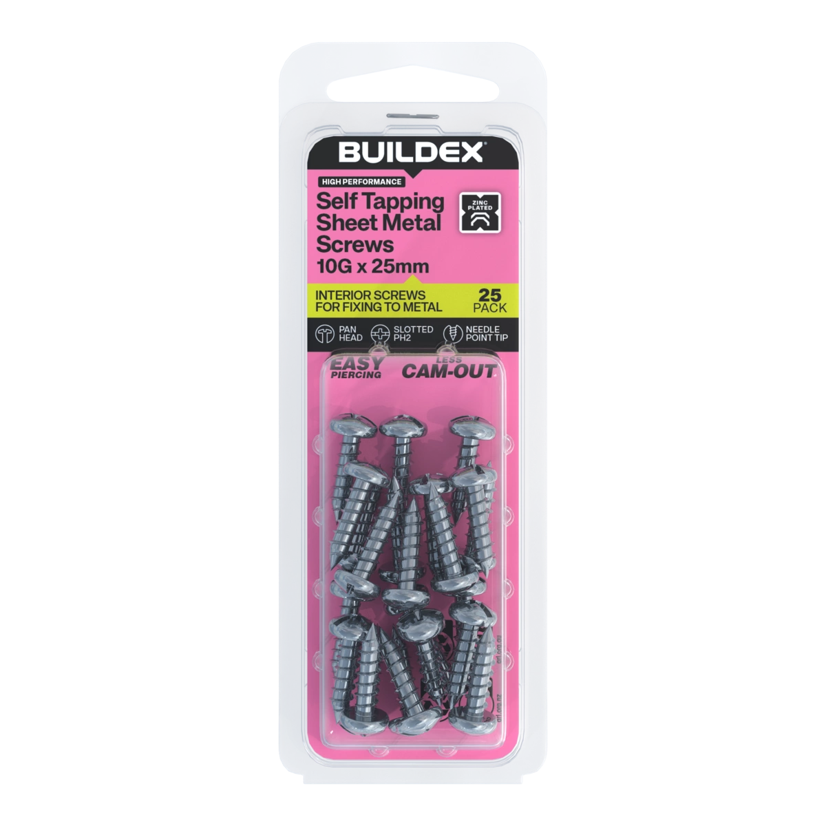Buildex® 10G x 25mm Zinc Plated Self Tapping Sheet Metal Screws – 25 Pack