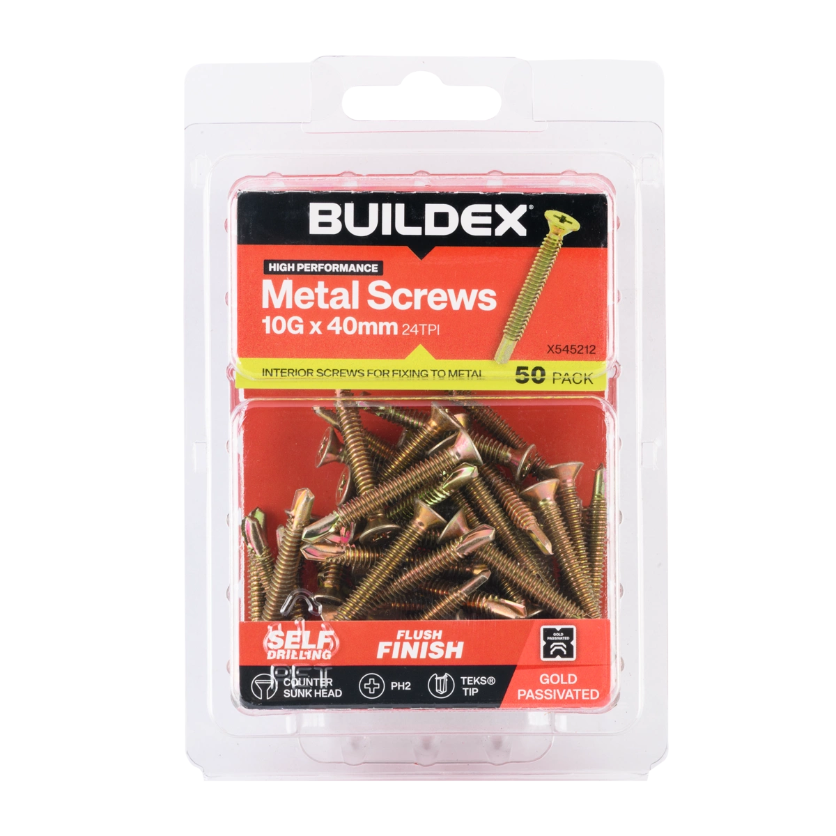 Buildex® 10G x 40mm Gold Passivated Sheet Metal Screws – 50 Pack