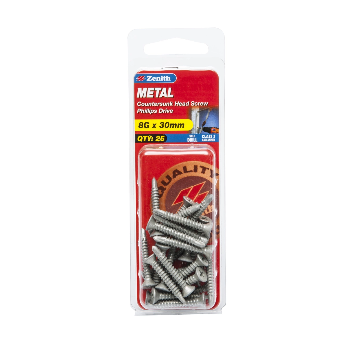 ZENITH® 8G x 30mm Class 3 Galvanised Metal Screws (Countersunk Head) – 25 Pack