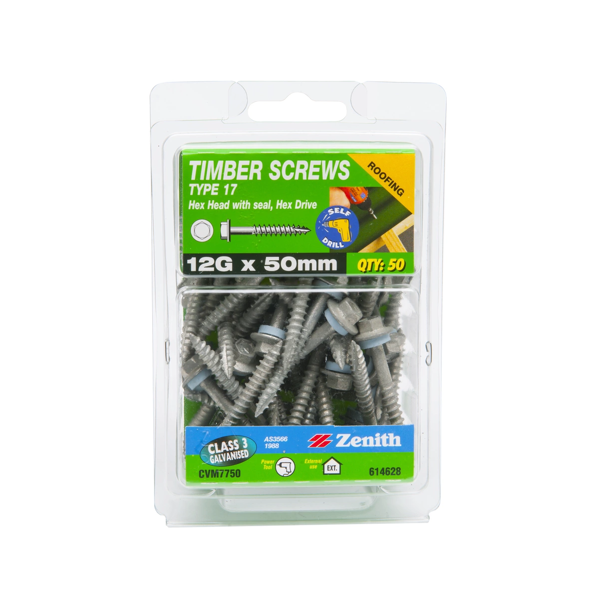 ZENITH® 12G x 50mm Class 3 Galvanised Cladding & Roofing Screws with Seal – 50 Pack