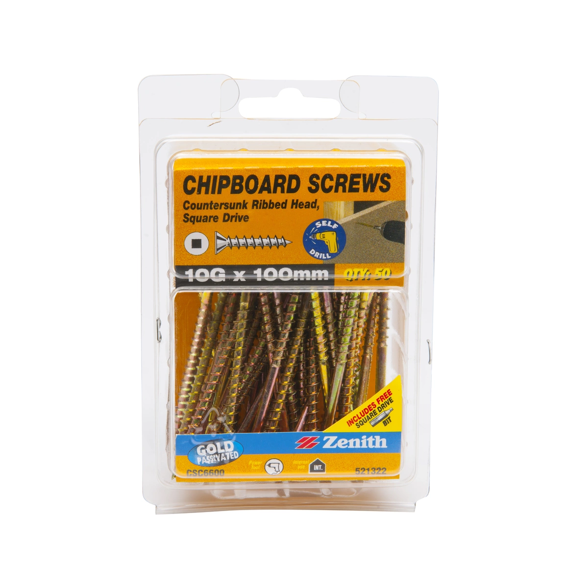 ZENITH® 10G x 100mm Gold Passivated Chipboard Screws (Square Drive) – 50 Pack