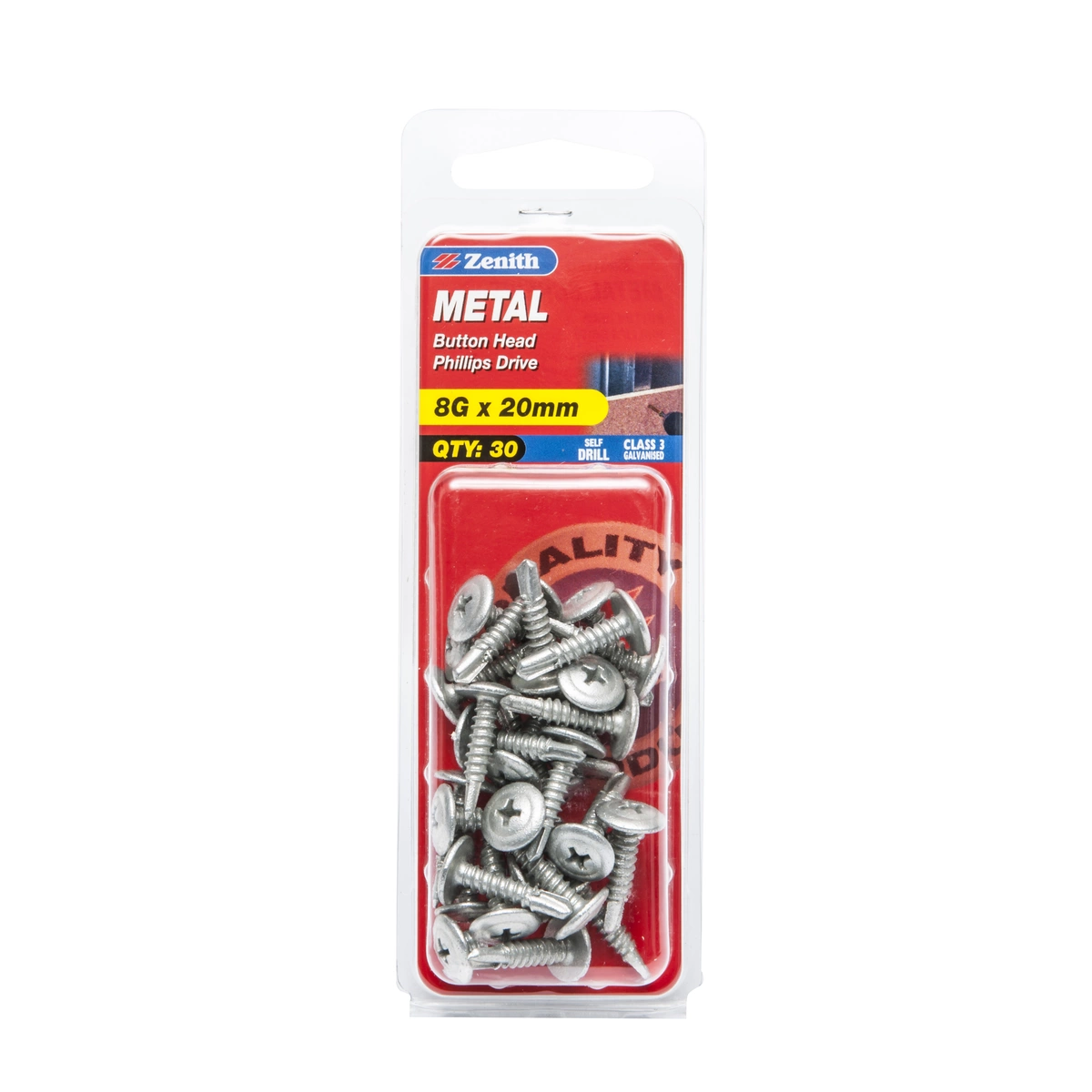 ZENITH® 8G x 20mm Class 3 Galvanised Metal Screws – 30 Pack