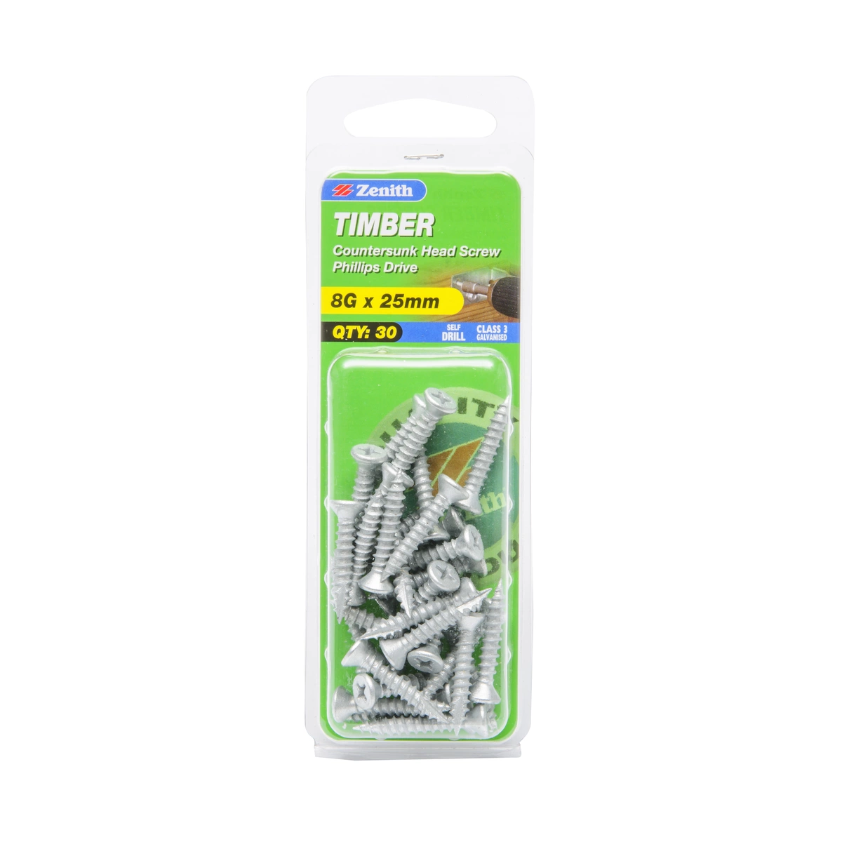 ZENITH® 8G x 25mm Class 3 Galvanised Timber Screws – 30 Pack