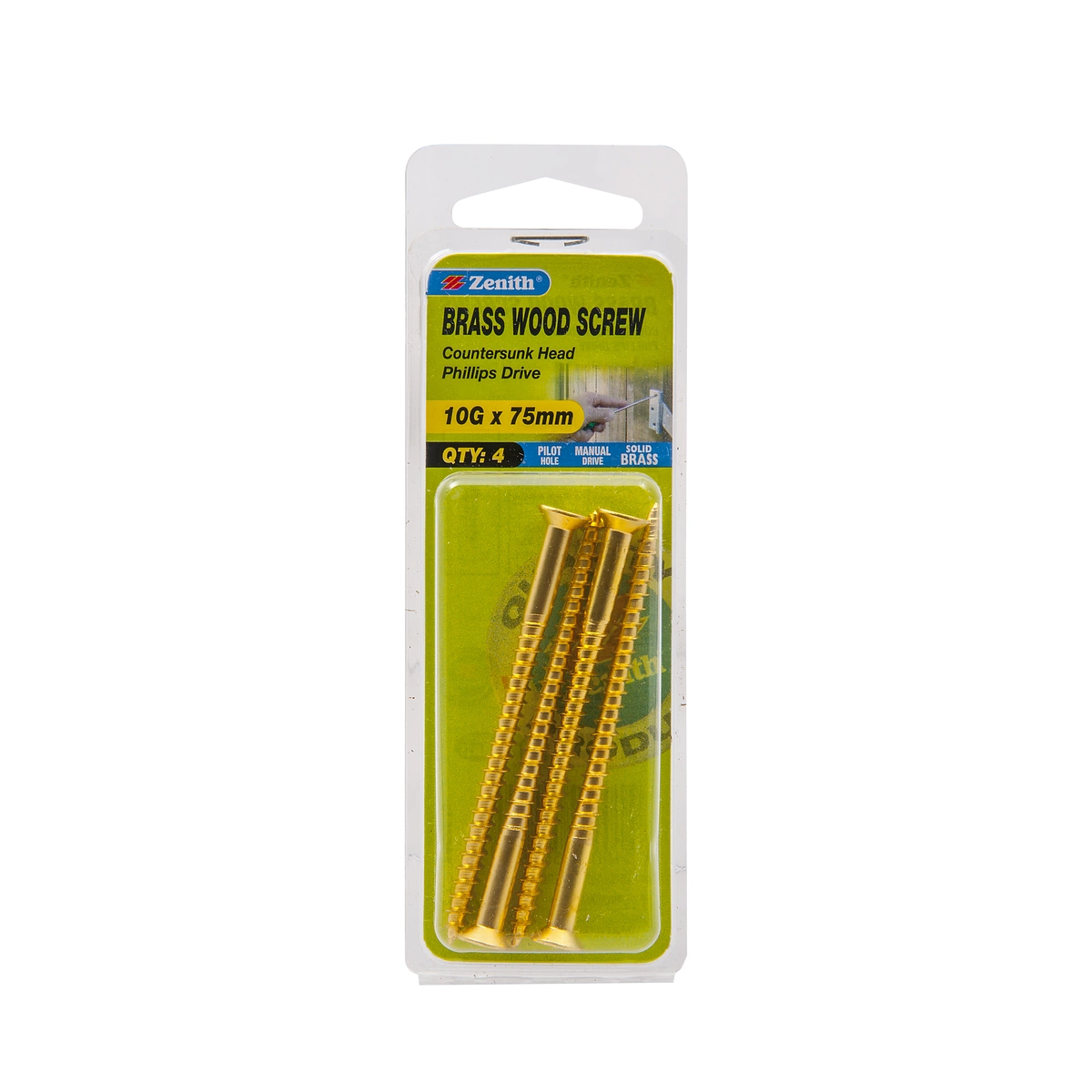 ZENITH® 10G x 75mm Solid Brass Wood Screws – 4 Pack