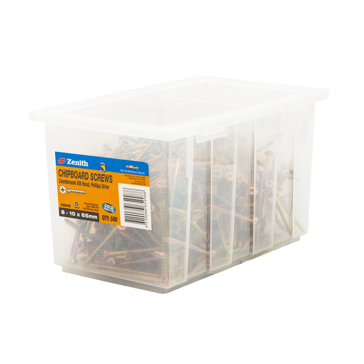 ZENITH® 8G x 65mm Gold Passivated Chipboard Screws (Phillips Drive) – 500 Pack