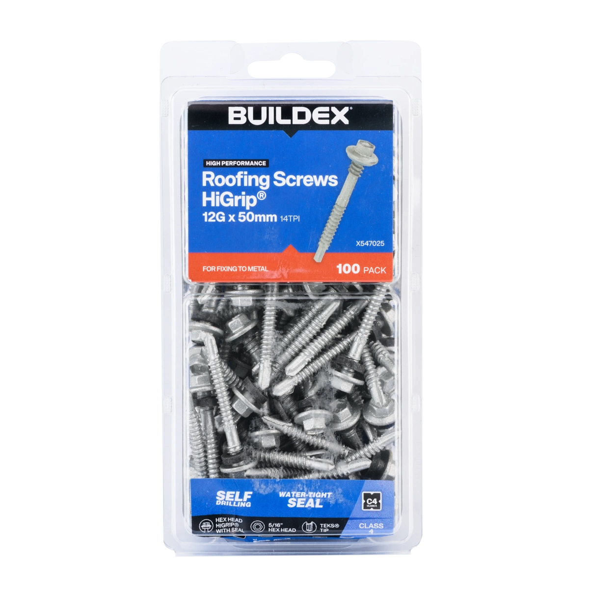 Buildex® 12G x 50mm Class 4 Roofing TEKS® Screws with Seal – 100 Pack