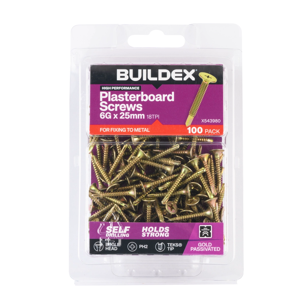 Buildex® 6G x 25mm Gold Passivated Plasterboard Screws (TEKS® Tip) – 100 Pack