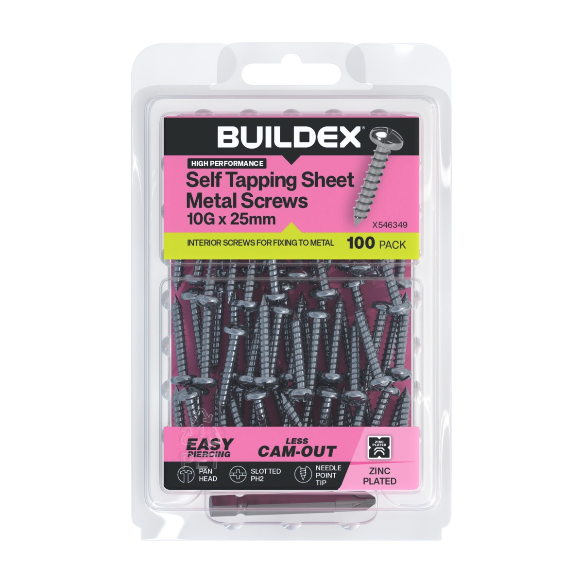 Buildex® 10G x 25mm Zinc Plated Self Tapping Sheet Metal Screws – 100 Pack