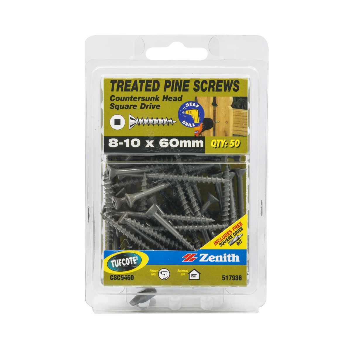 ZENITH® 8G x 60mm TUFCOTE® Treated Pine Screws (Square Drive) – 50 Pack
