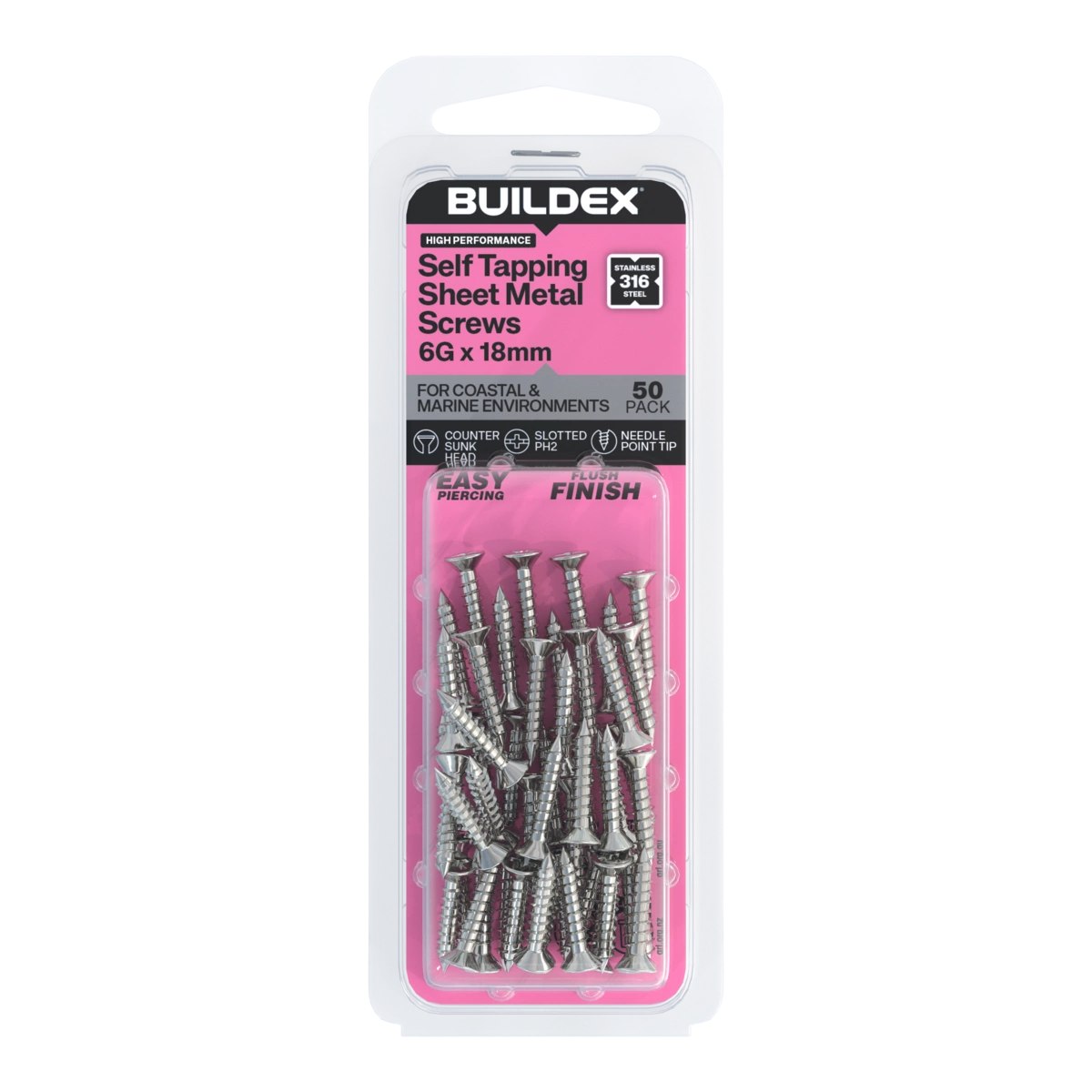Buildex® 6G x 18mm SS316 Self Tapping Sheet Metal Screws – 50 Pack