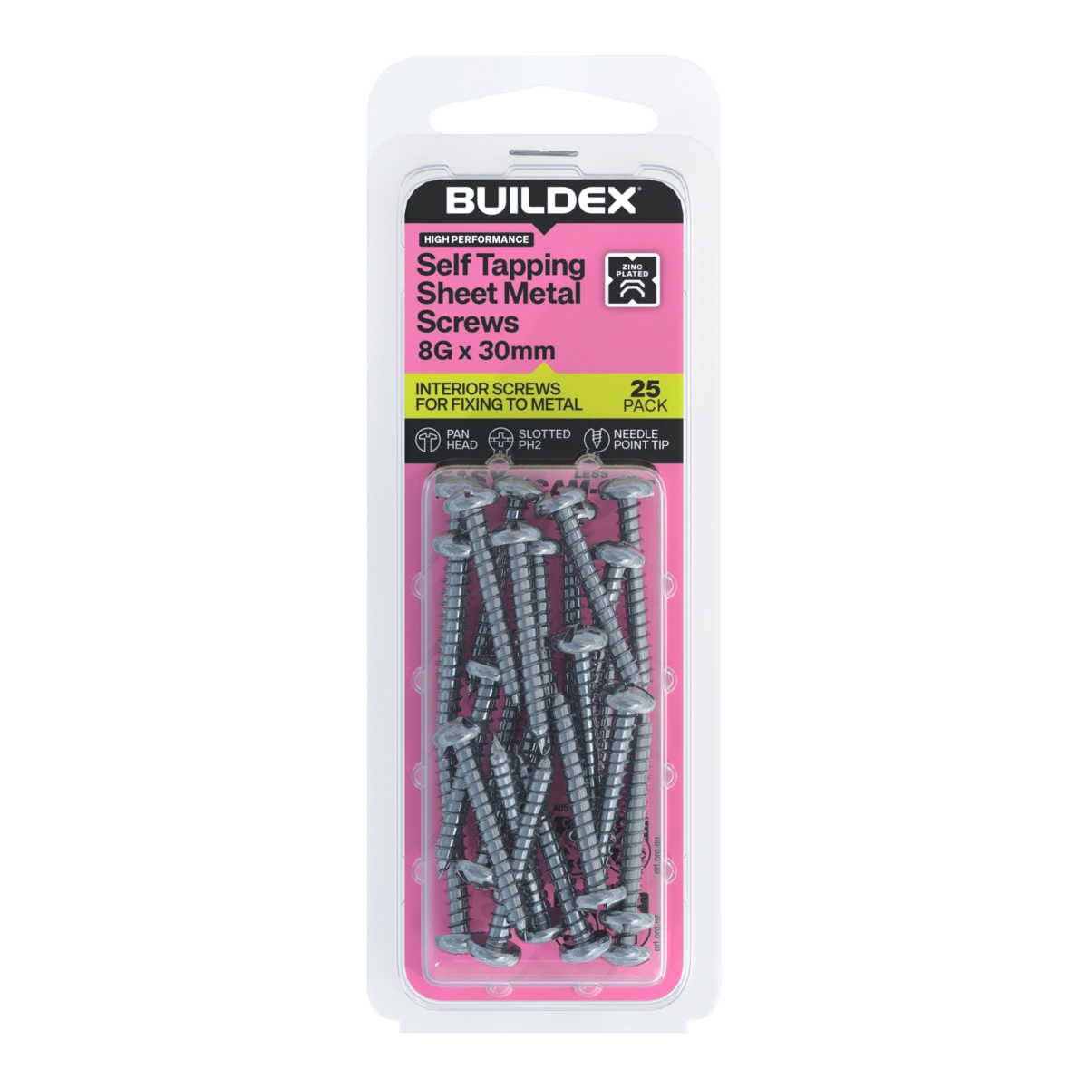 Buildex® 8G x 30mm Zinc Plated Self Tapping Sheet Metal Screws – 25 Pack