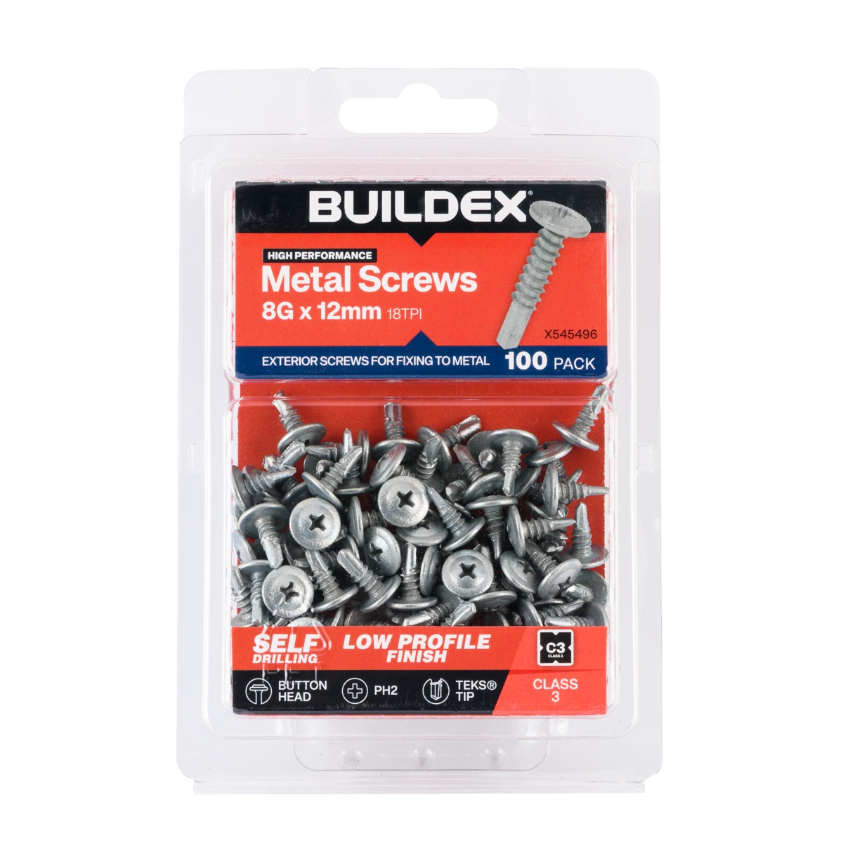 Buildex® 8G x 12mm Class 3 Sheet Metal Screws (Button Head) – 100 Pack