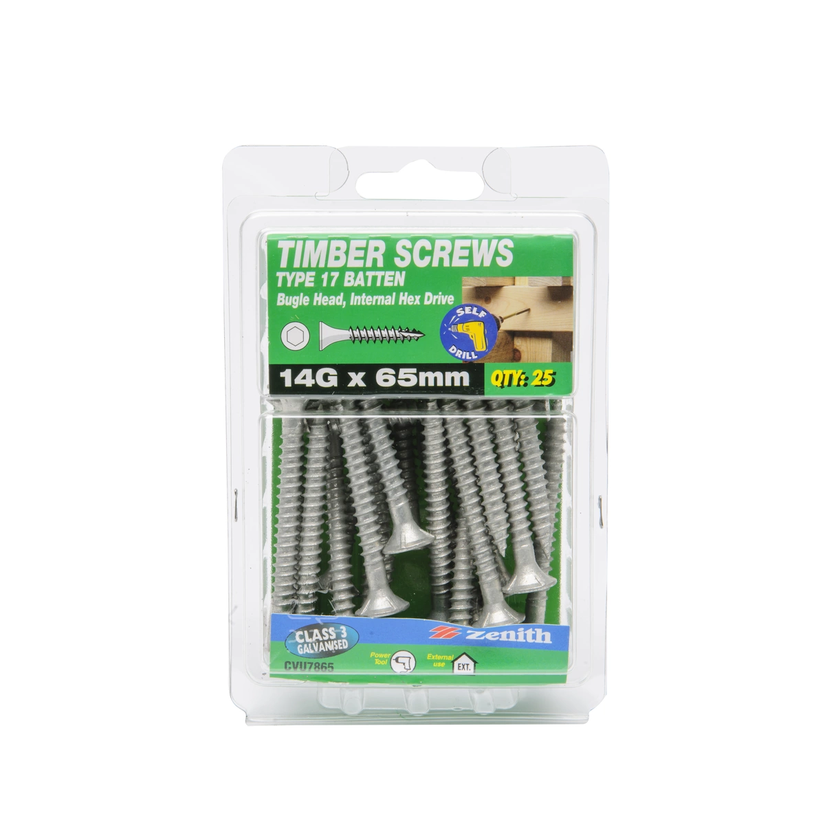 ZENITH® 14G x 65mm Class 3 Galvanised Bugle Batten Screws – 25 Pack