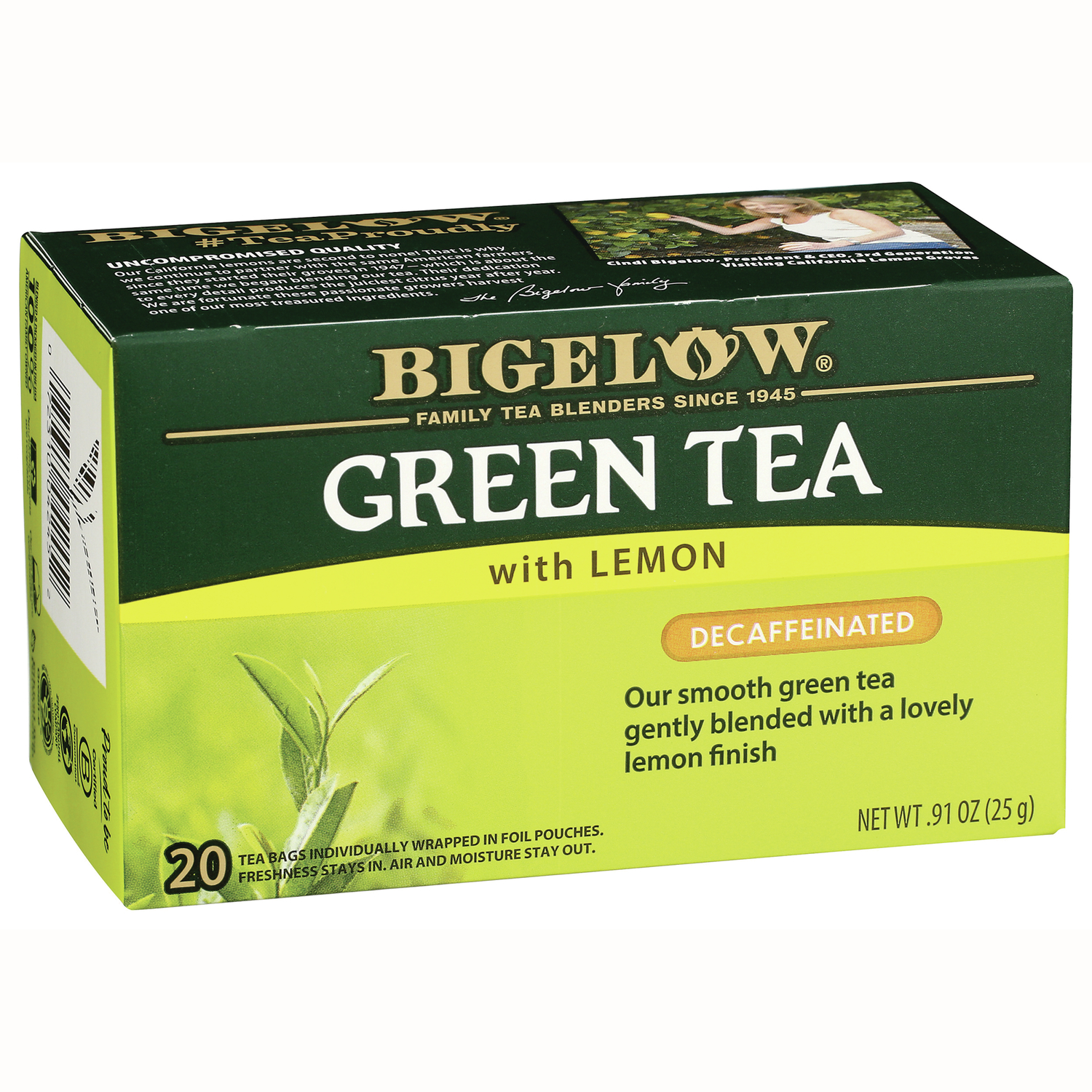 Bigelow, Green Tea With Lemon, Decaffeinated, 20 Tea Bags, 0.91 oz (25 g)