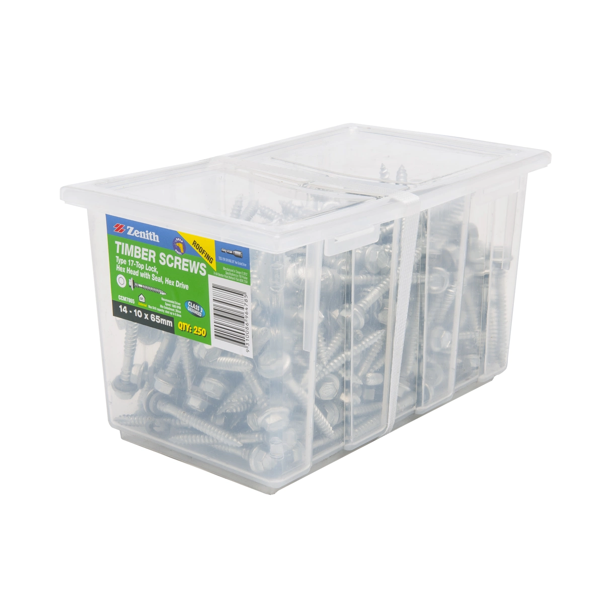 ZENITH® 14G x 65mm Class 3 Galvanised Cladding & Roofing Screws with Seal – 250 Pack