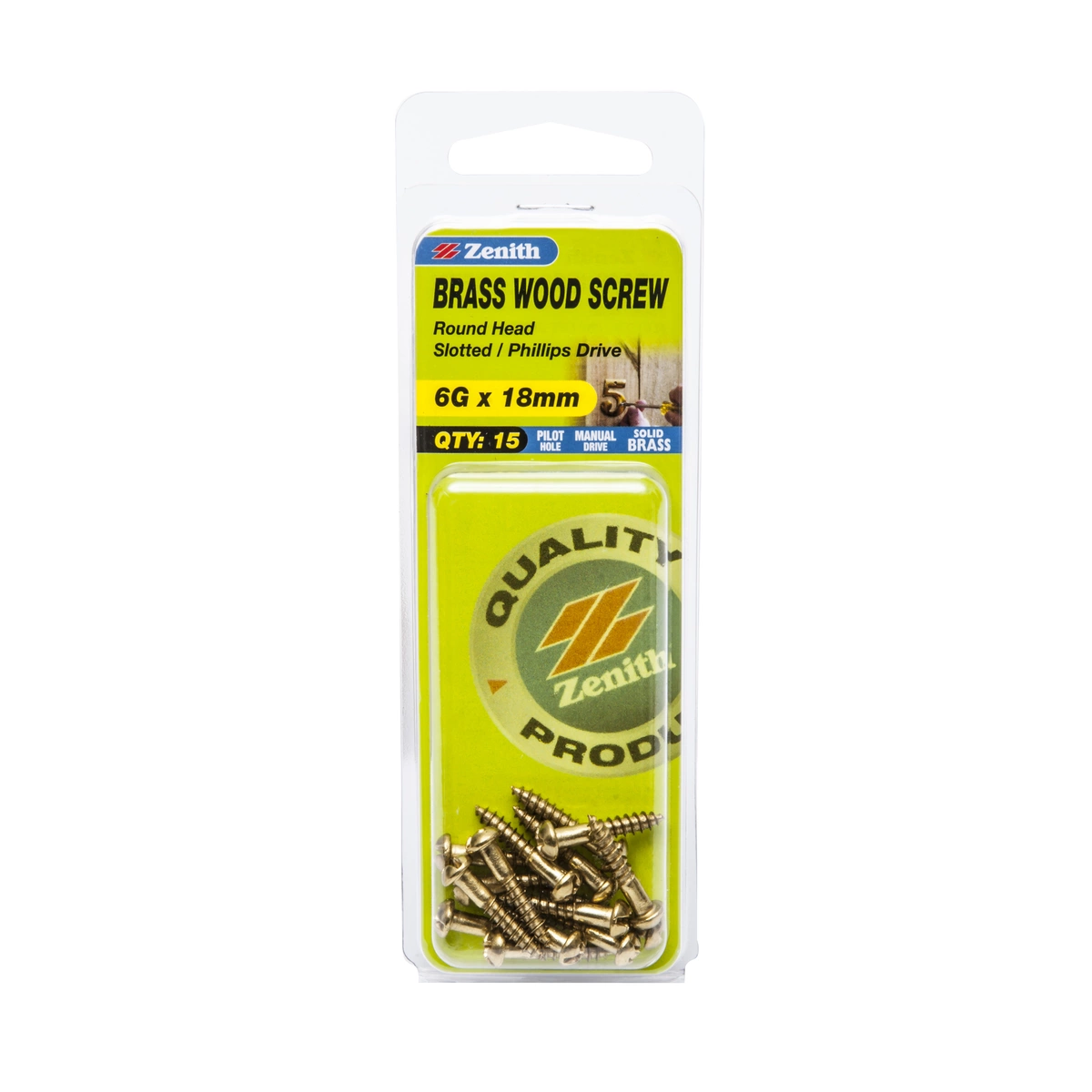 ZENITH® 6G x 18mm Solid Brass Wood Screws – 15 Pack
