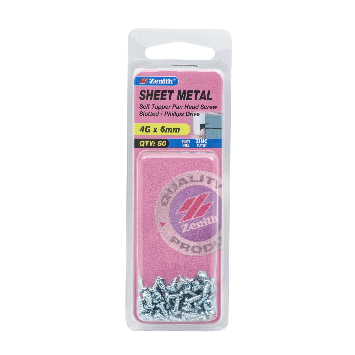 ZENITH® 4G x 6mm Zinc Plated Sheet Metal Screws – 50 Pack