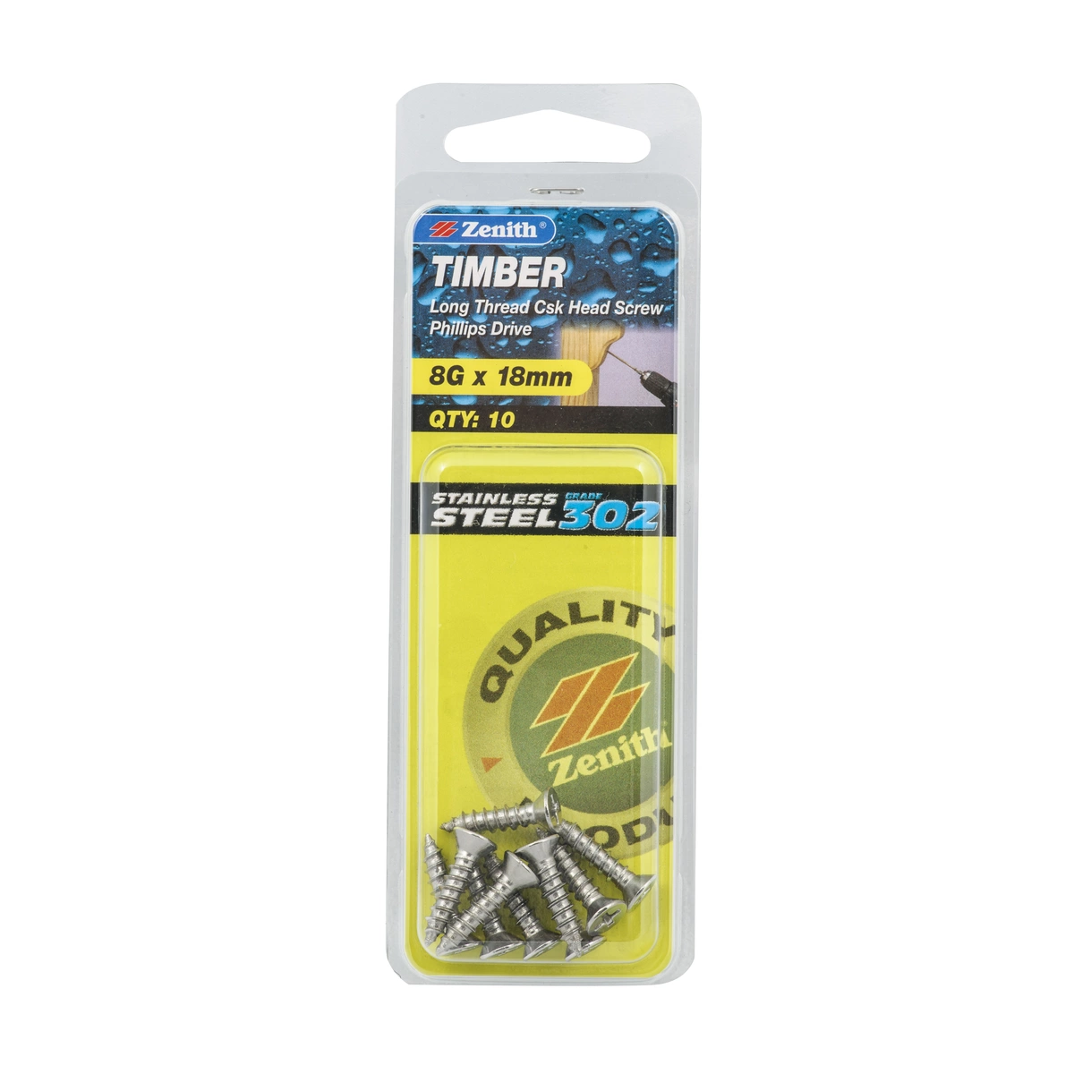 ZENITH® 8G x 18mm 304 Stainless Steel Timber Screws – 10 Pack