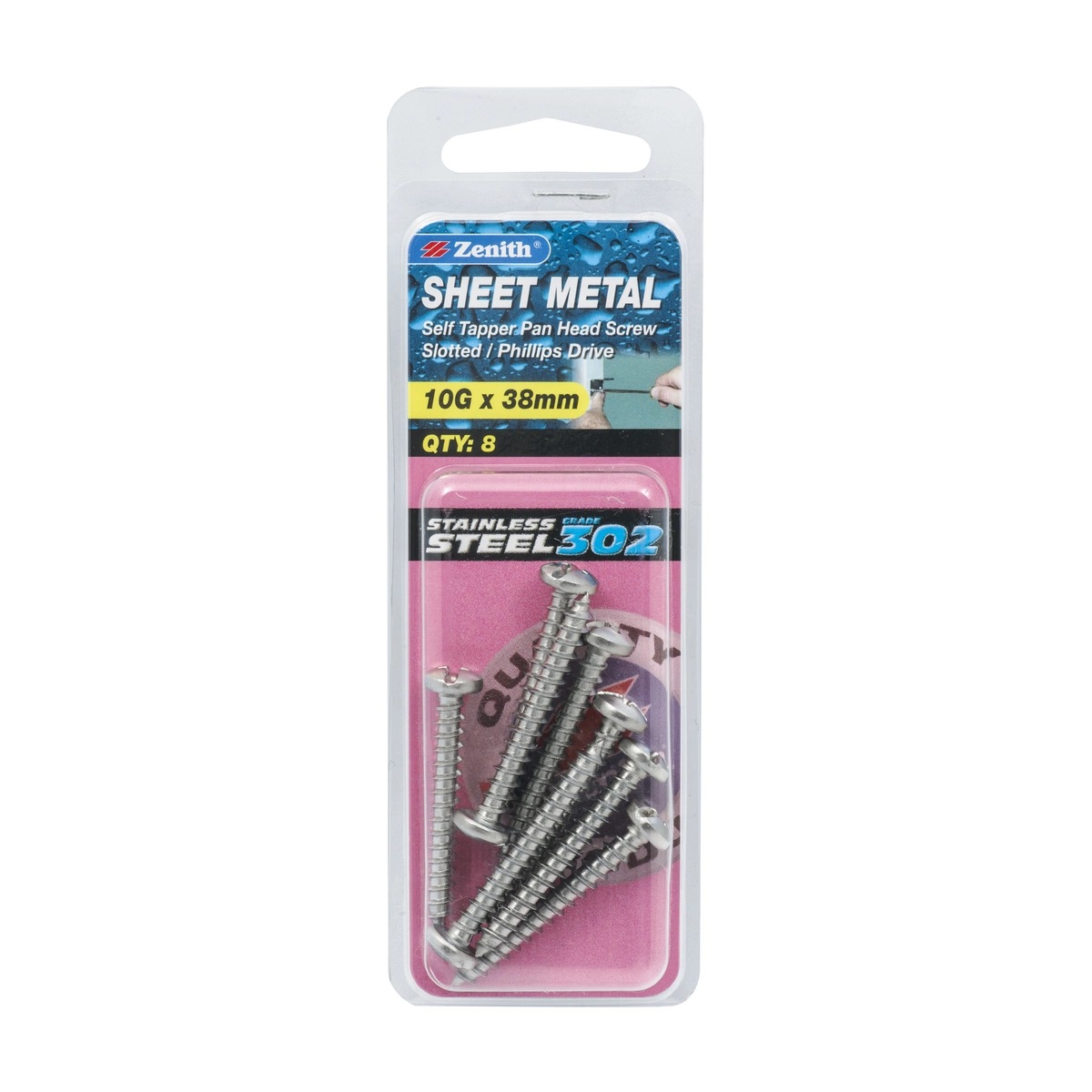 ZENITH® 10G x 38mm 304 Stainless Steel Sheet Metal Screws – 8 Pack