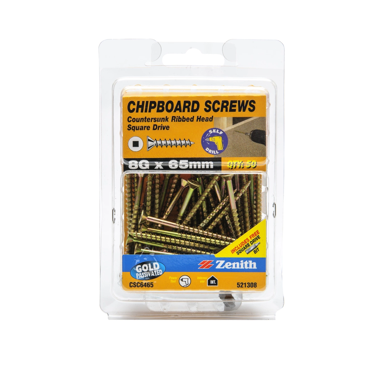 ZENITH® 8G x 65mm Gold Passivated Chipboard Screws (Square Drive) – 50 Pack