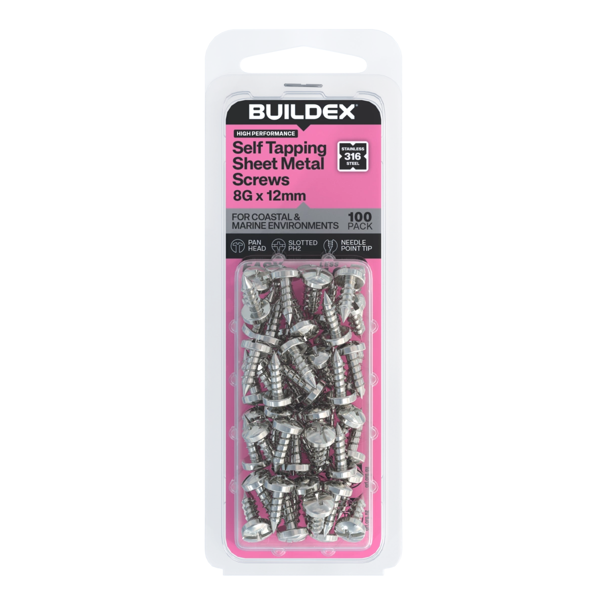 Buildex® 8G x 12mm SS316 Self Tapping Sheet Metal Screws – 100 Pack