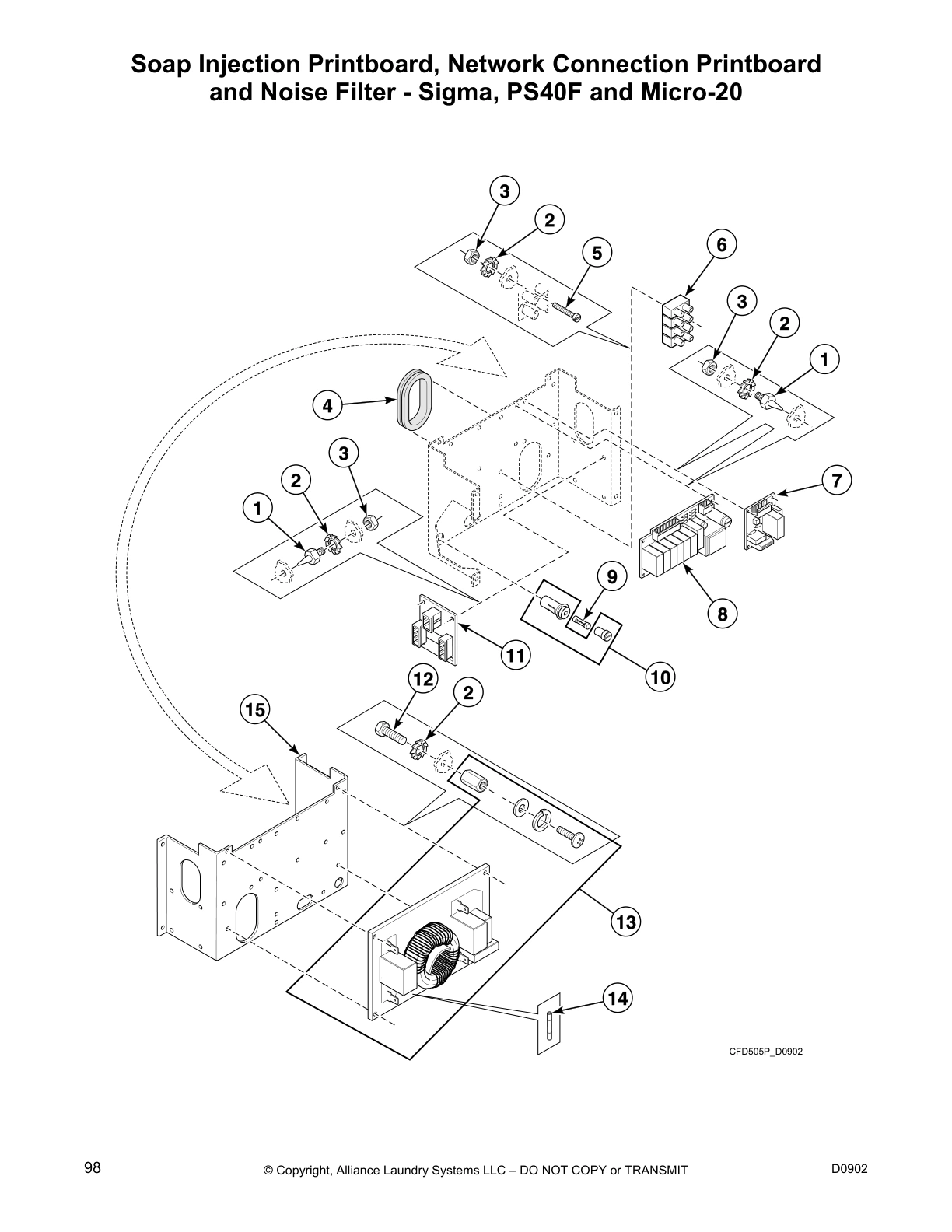Soap Injection Printboard, Network Connection Printboard
and Noise Filter - Sigma, PS40F and Micro-20