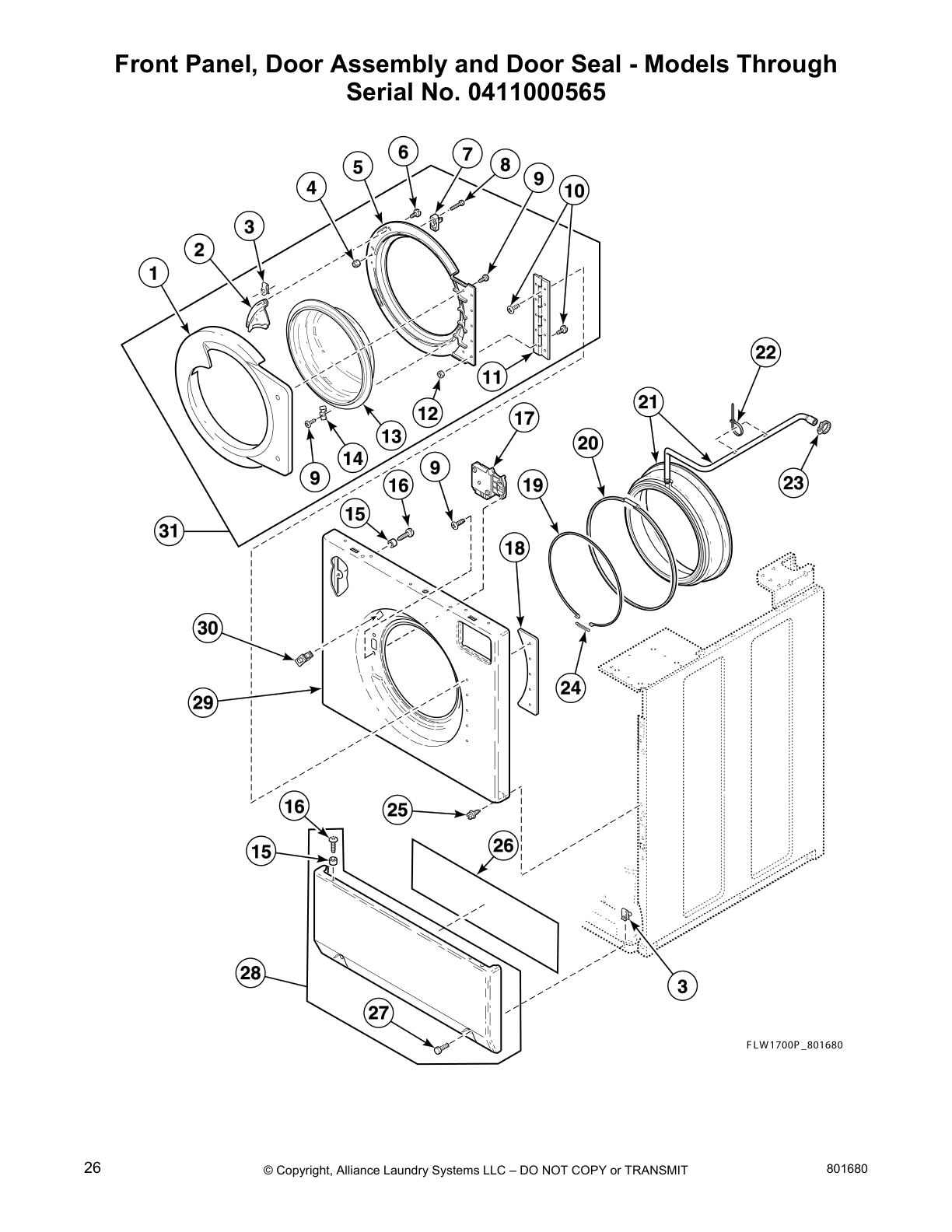 Front Panel, Door Assembly and Door Seal - Models Through
Serial No. 0411000565
