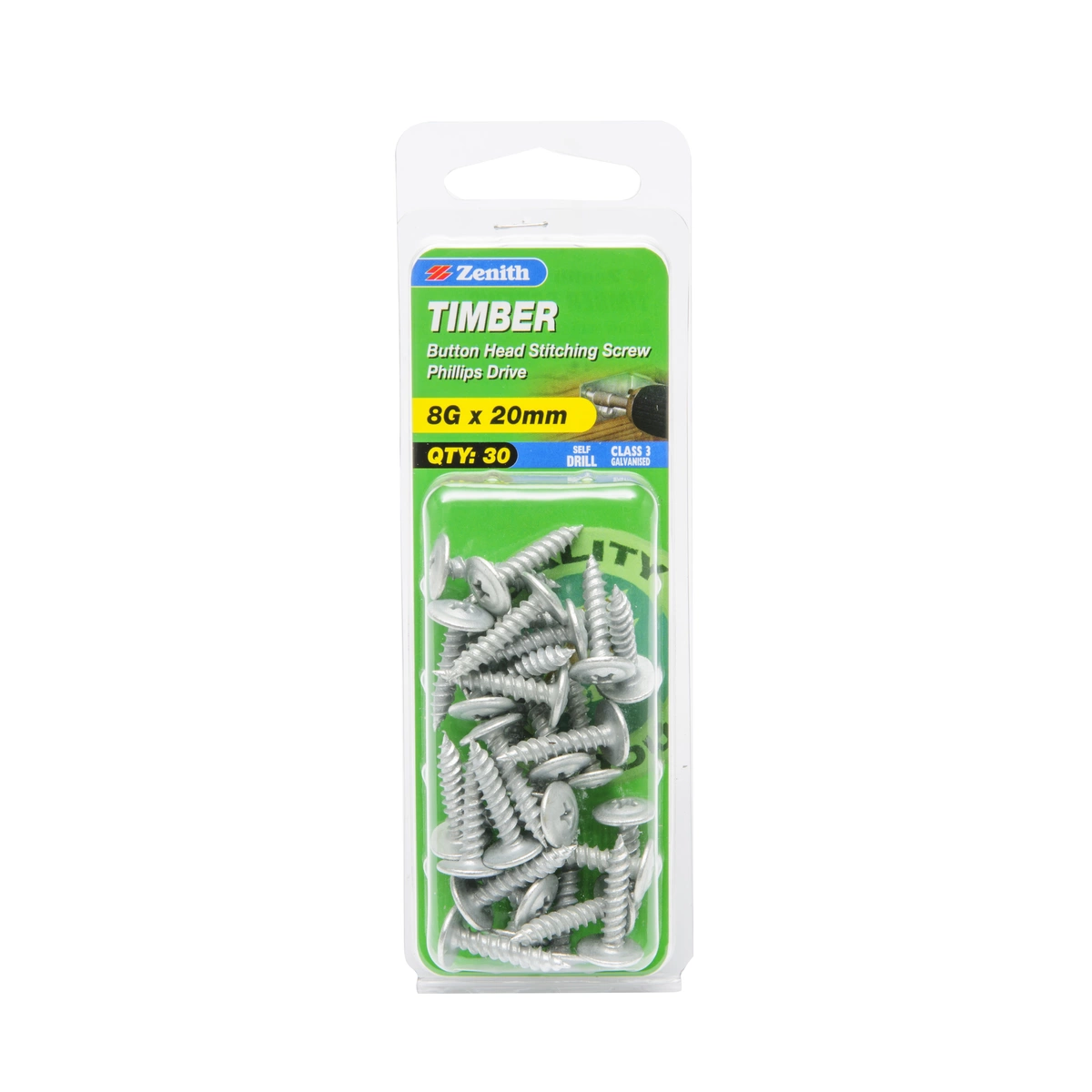 ZENITH® 8G x 20mm Class 3 Galvanised Stitching Screws – 30 Pack