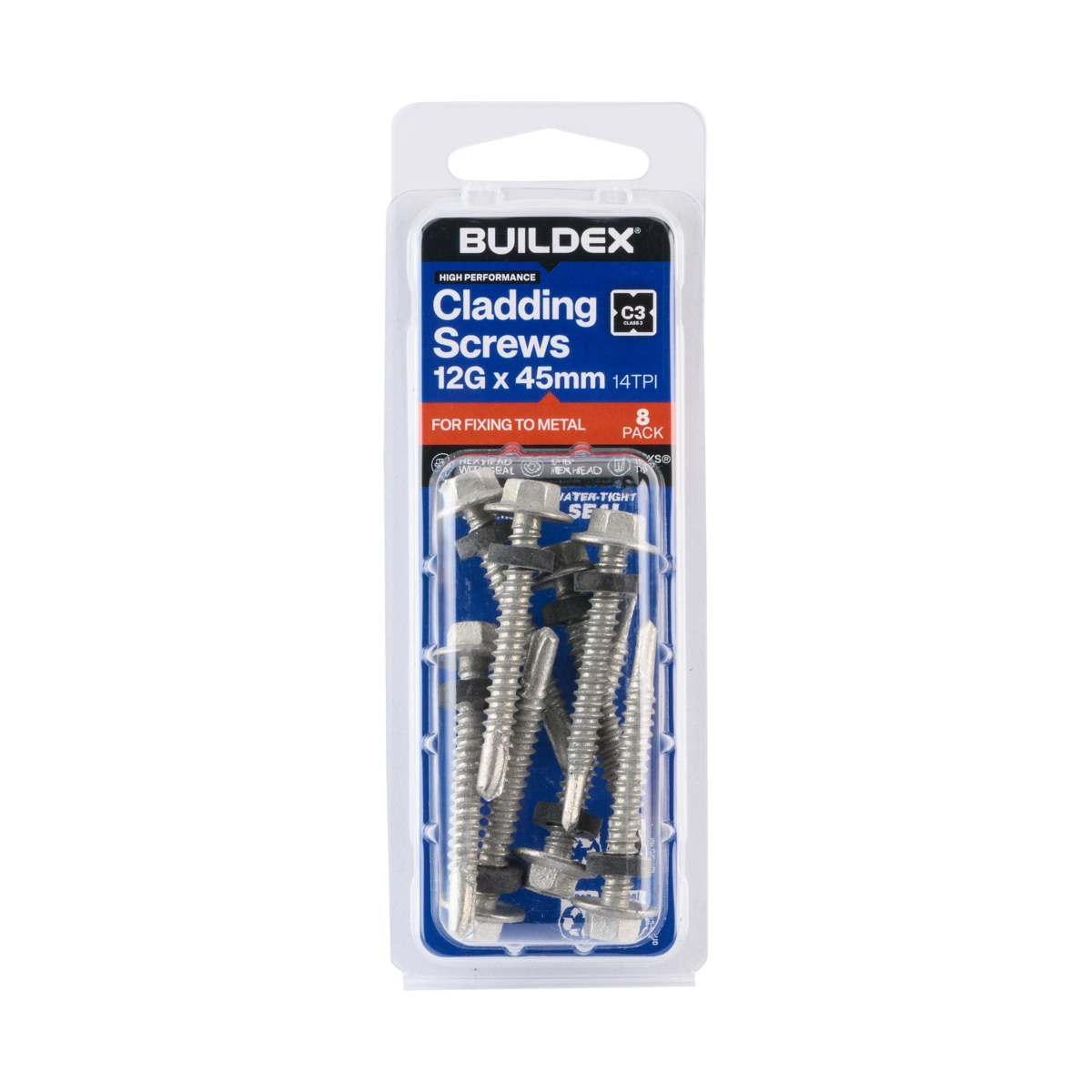 Buildex® 12G x 45mm Class 3 Cladding Screws with Seal – 8 Pack