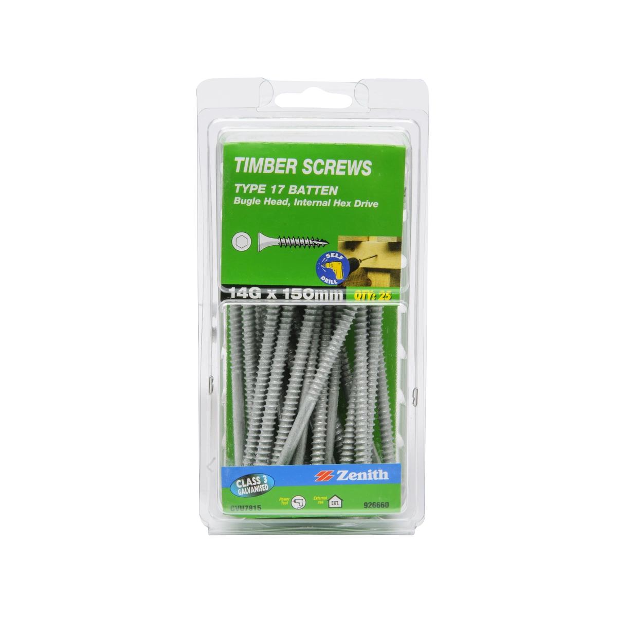 ZENITH® 14G x 150mm Class 3 Galvanised Bugle Batten Screws – 25 Pack
