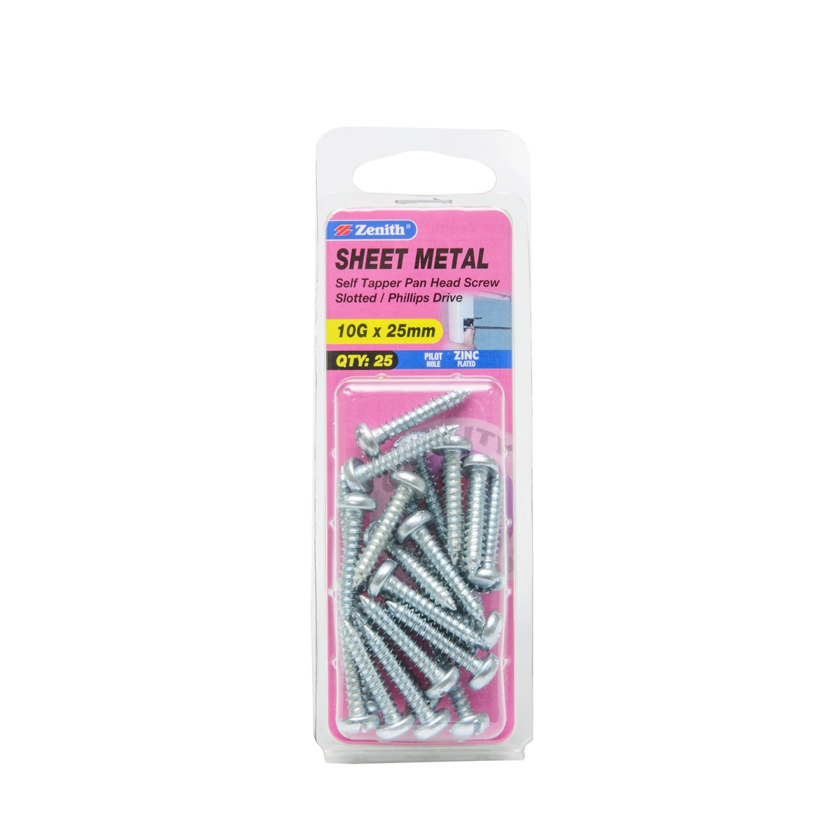 ZENITH® 10G x 25mm Zinc Plated Sheet Metal Screws – 25 Pack