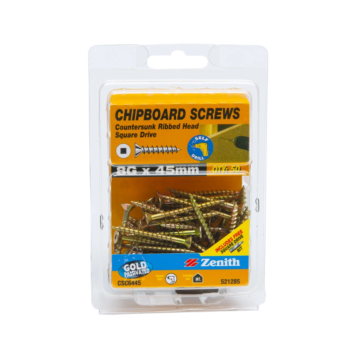 ZENITH® 8G x 45mm Gold Passivated Chipboard Screws (Square Drive) – 50 Pack