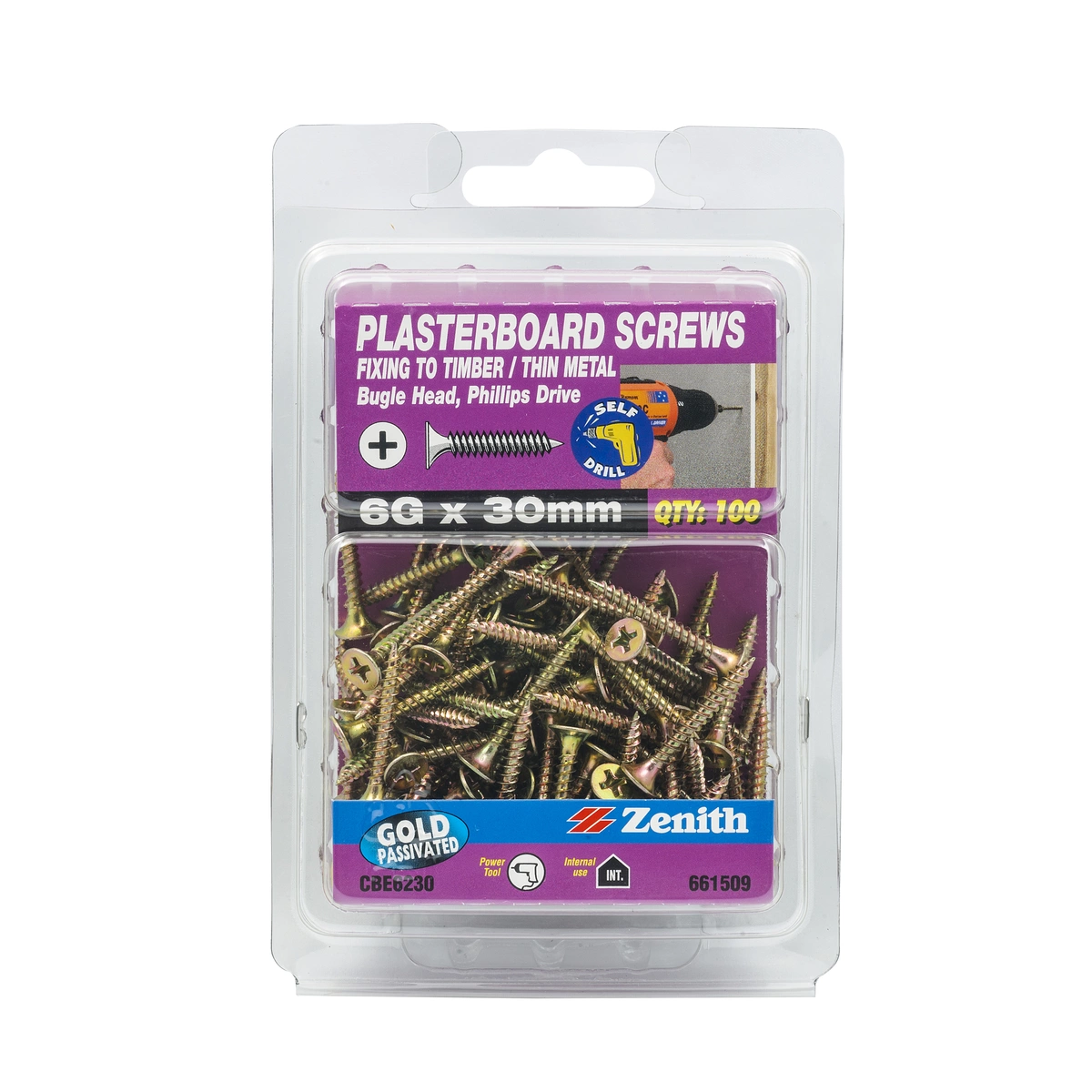 ZENITH® 6G x 30mm Gold Passivated Plasterboard Screws – 100 Pack