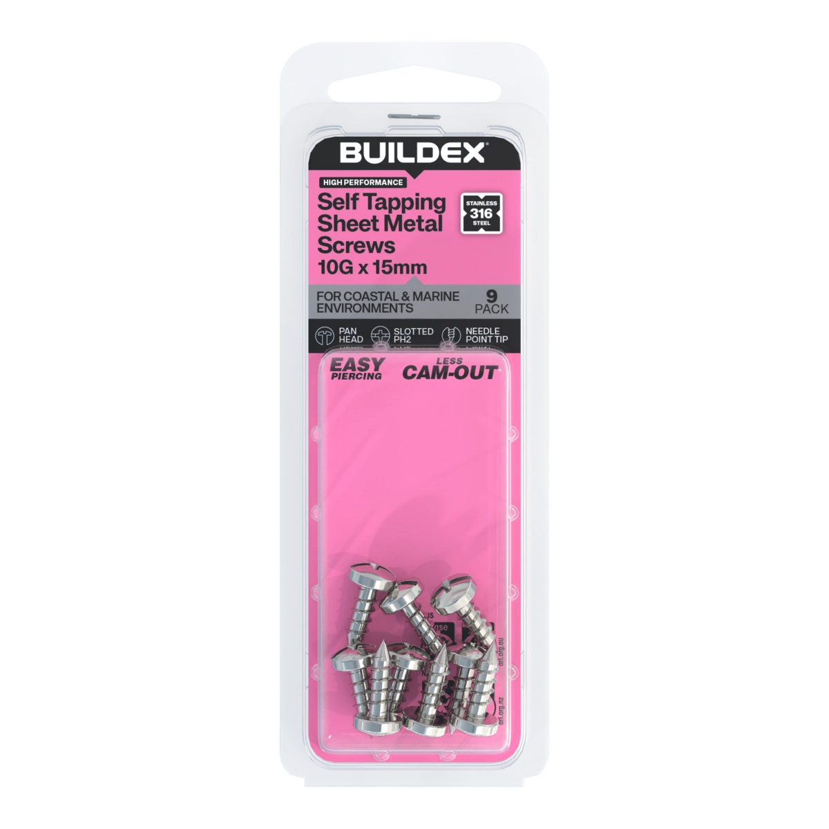 Buildex® 10G x 15mm SS316 Self Tapping Sheet Metal Screws – 9 Pack