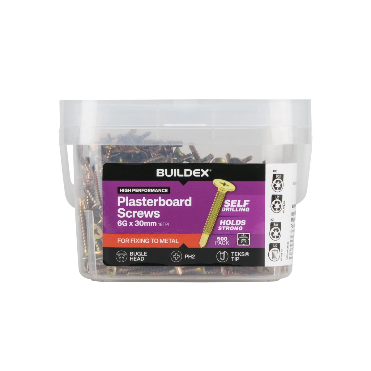Buildex® 6G x 30mm Gold Passivated Plasterboard Screws (TEKS® Tip) – 500 Pack